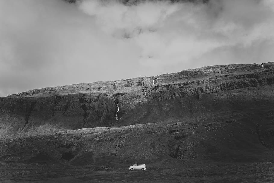 gray mountain in grayscale photography, grayscale photography of vehicle travelling beside hill HD wallpaper