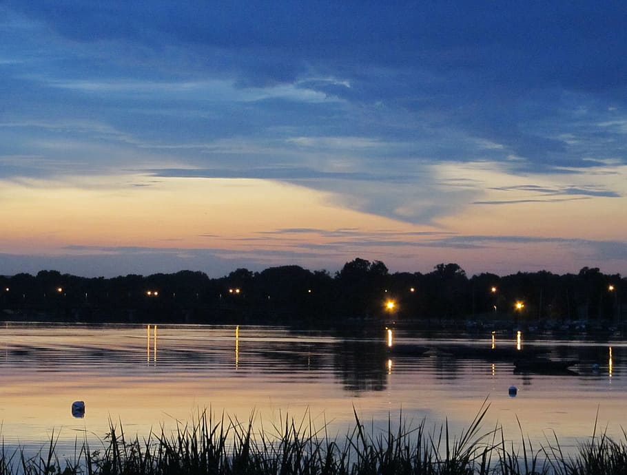 nightfall, lake, sundown, landscape, nature, serene, lights on HD wallpaper