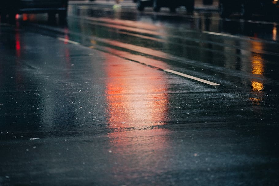 gray concrete pavement, street, wet, rain, reflection, road, transportation