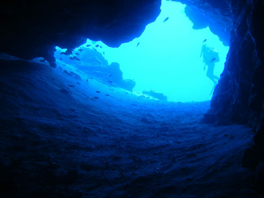 person diving under water, Blue, Cave, Fin, Scuba Divers, sea