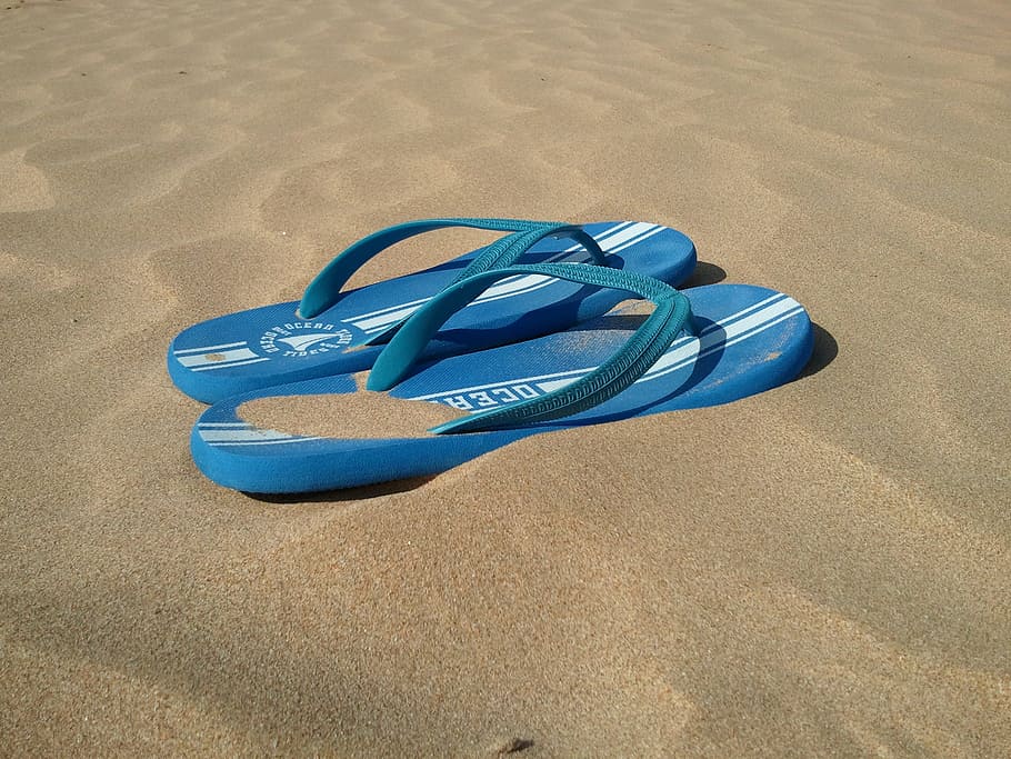 beach, slippers, holiday, sand, land, sandal, flip-flop, blue HD wallpaper