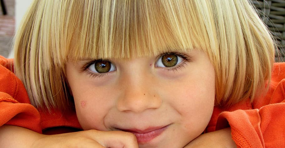 child with blonde hair wearing orange long-sleeved shirt, small HD wallpaper