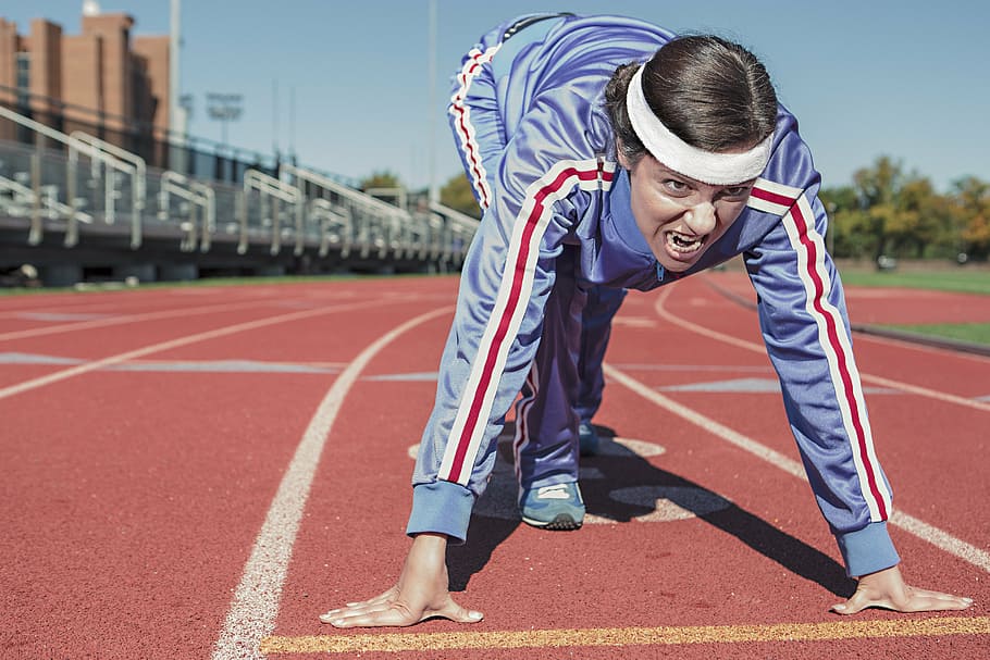 woman in blue track jacket, running, sprint, cinder-track, cinderpath HD wallpaper