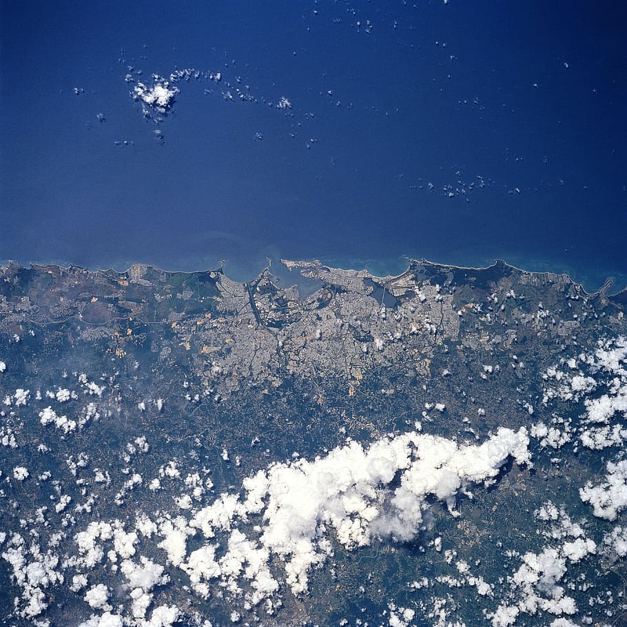 San Juan from space in Puerto Rico, clouds, photos, ocean, public domain