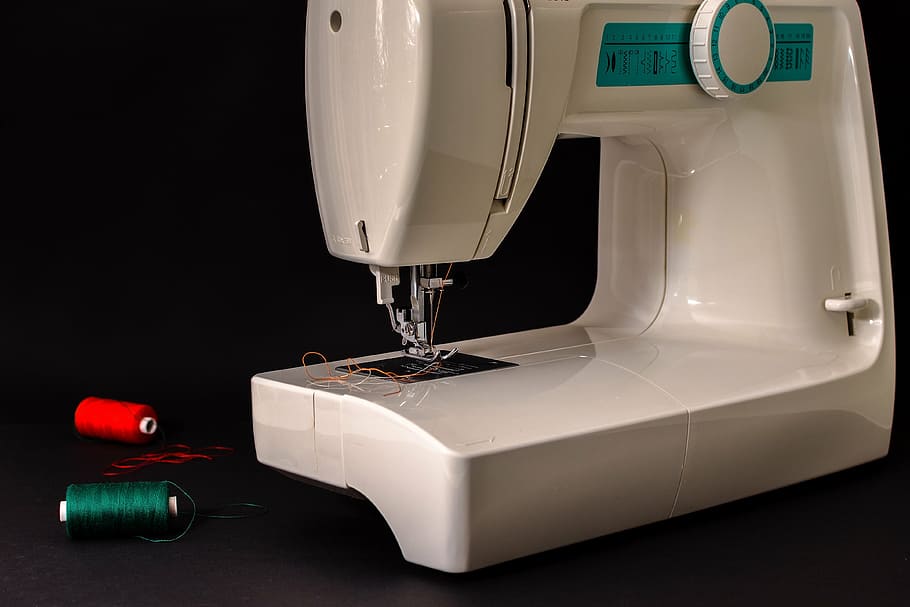 white portable sewing machine and threads, hand labor, sewing thread HD wallpaper