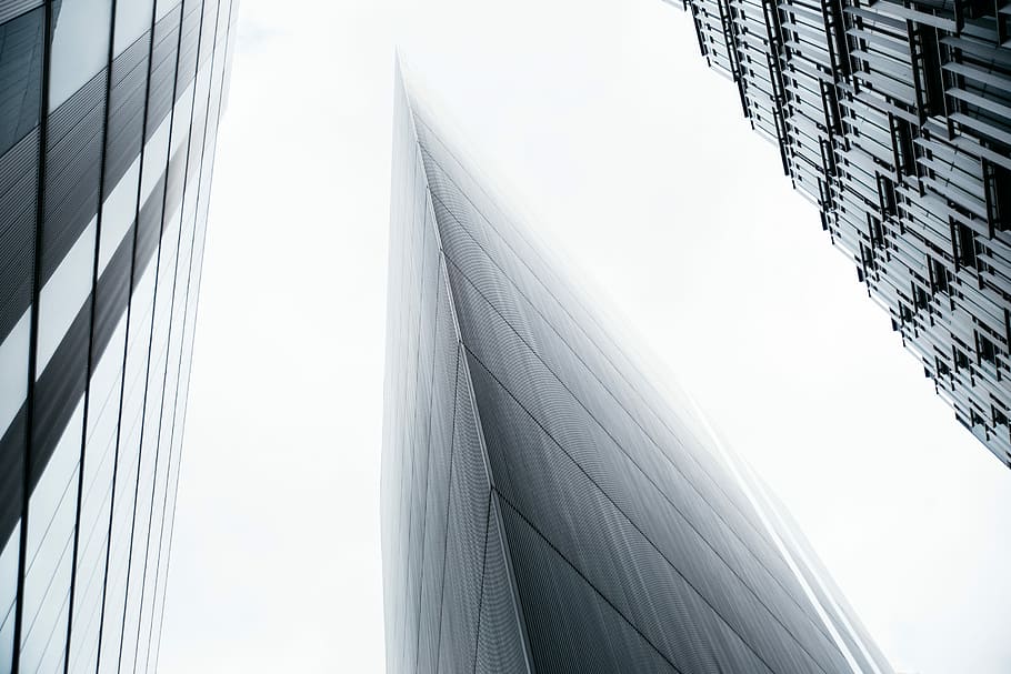 curtain wall buildings, worm's-eye view of building, minimal HD wallpaper
