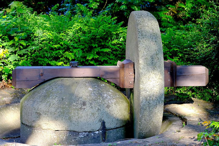 mill wheel, stone, historically, turn, energy, flour mill, technical building HD wallpaper