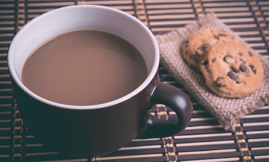 black and white ceramic mug filled with coffee beside cookies, HD wallpaper