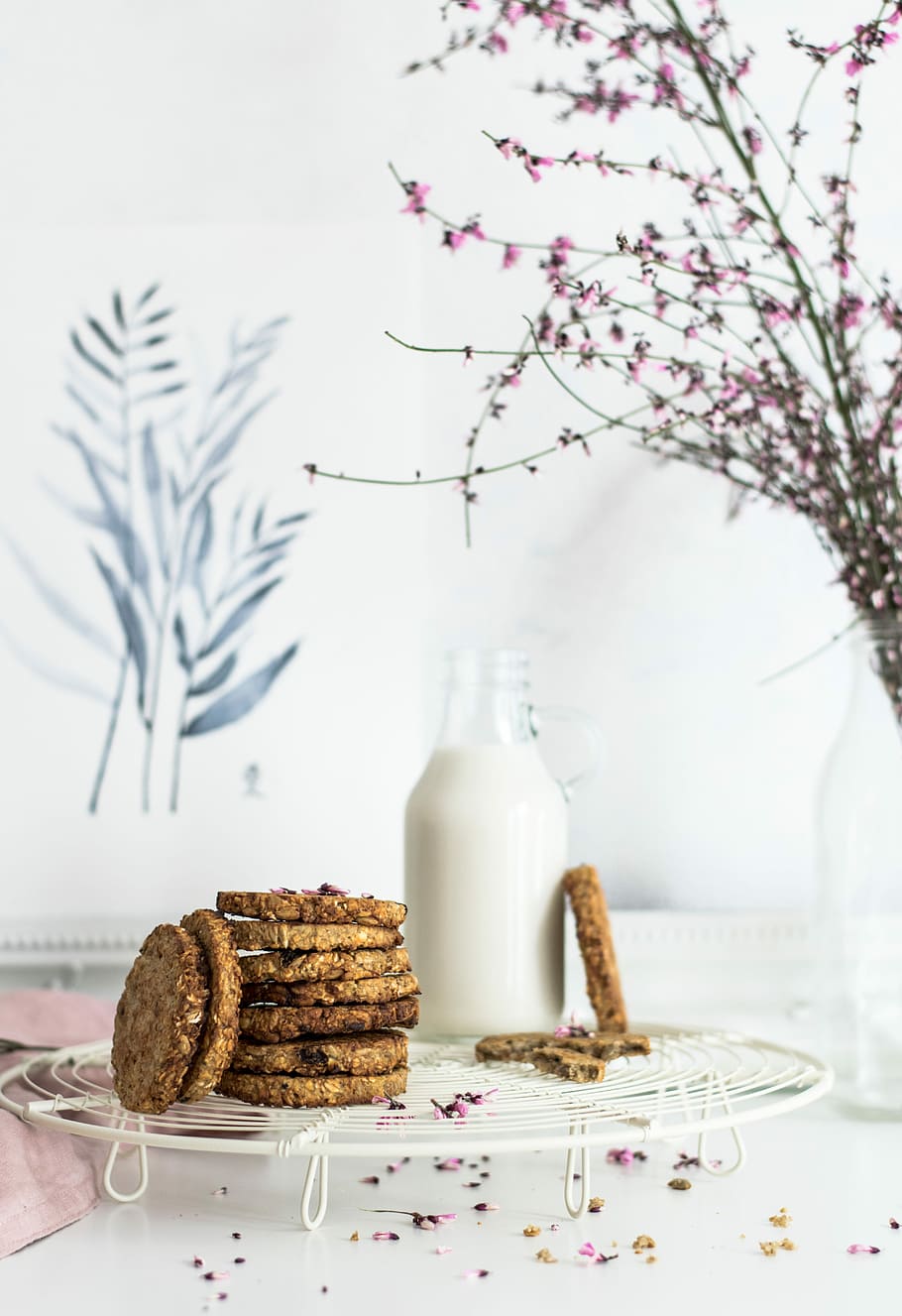 clear glass bottle with milk inside, cookies with glass of milk on wire tray HD wallpaper