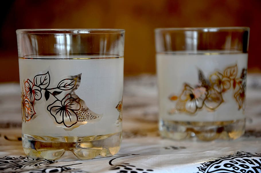two white drinking glasses, cup, ornament, food and drink, indoors HD wallpaper