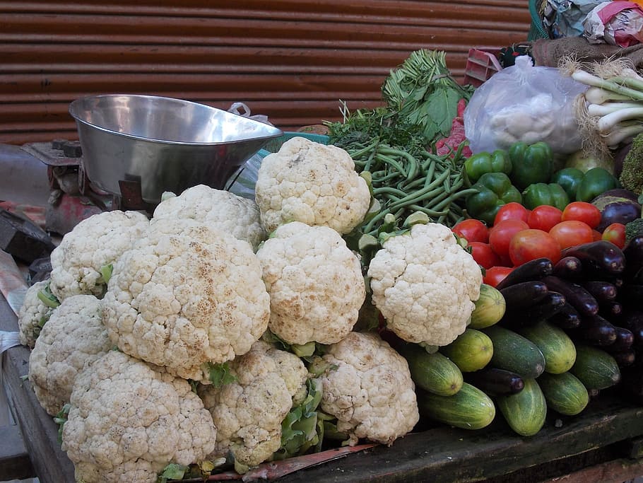 vegetables, cauliflower, cucumbers, tomatoes, onions, healthy HD wallpaper