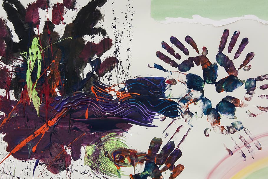 black and multicolored abstract painting, art therapy, hand, hands, HD wallpaper