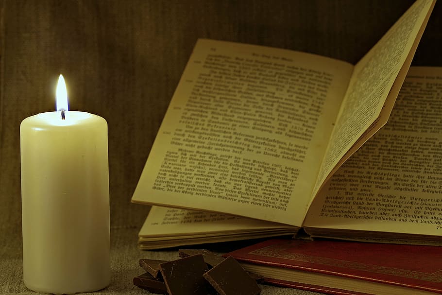 book and candle on table, read, old, blackletter, evening, starodruk HD wallpaper