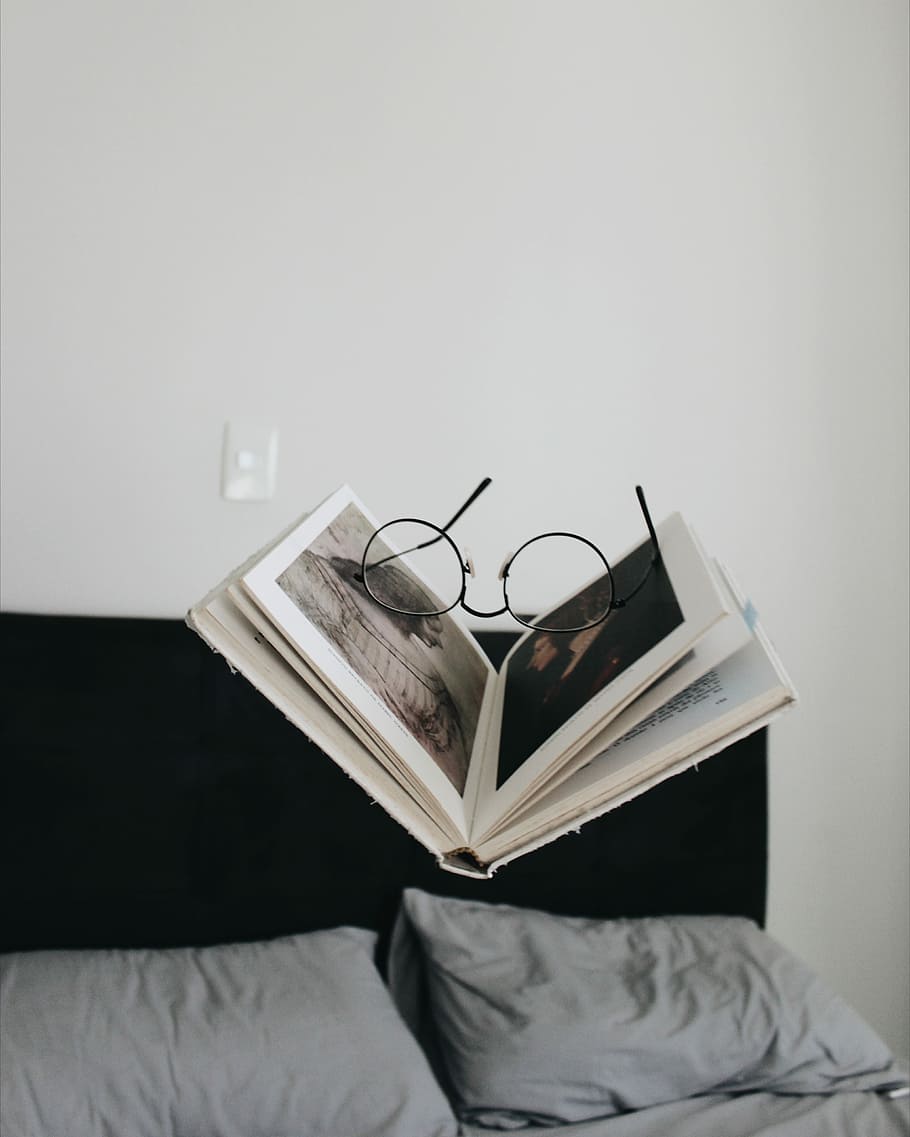 black framed eyeglasses between opened book, eyeglasses on top of open book, HD wallpaper
