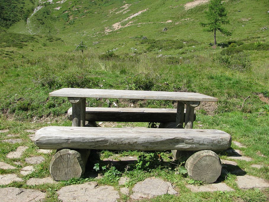 refreshment, mountain, landscape, valley, dolomites, bench HD wallpaper