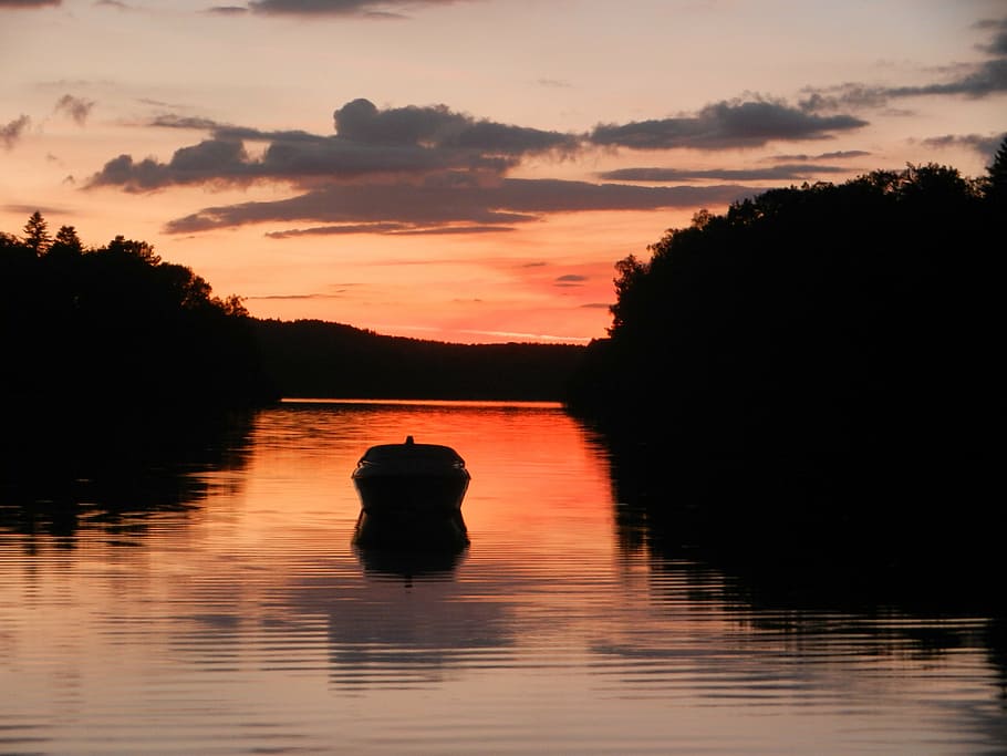 sunset, lake, boat, nature, reflection, water, silhouette, dusk HD wallpaper