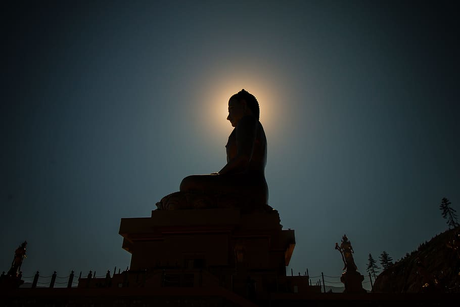 statue, buddha, light, dark, night, sky, sculpture, representation HD wallpaper