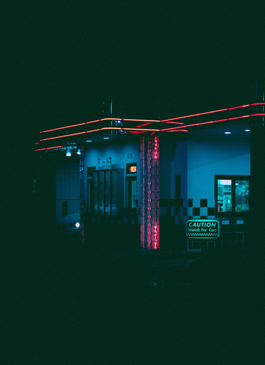low light photography of store, building, night, red, neon HD wallpaper