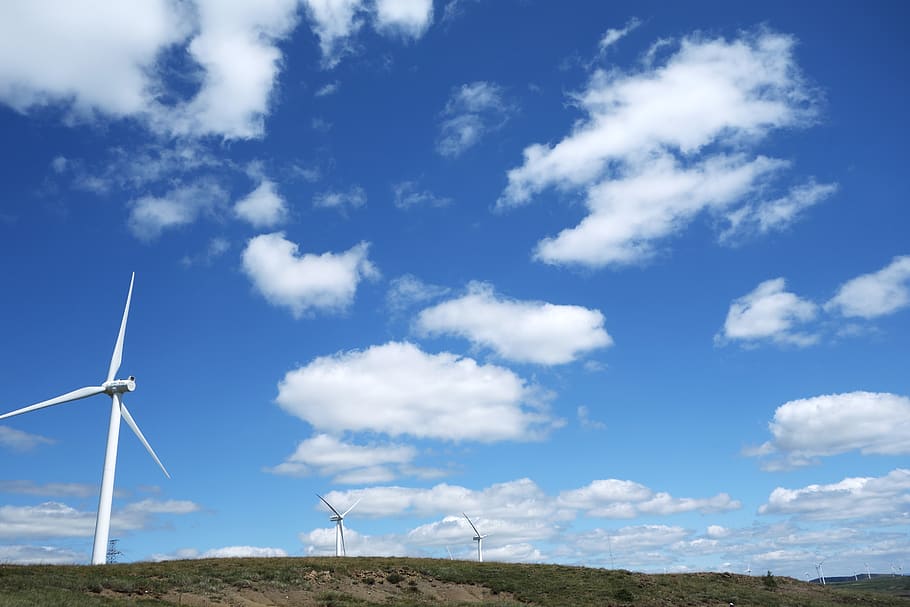 white cloud, windmill, blue sky, fuel and power generation HD wallpaper
