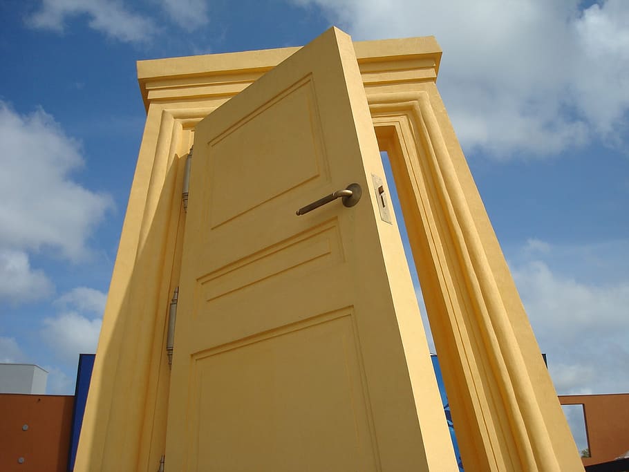 yellow wooden door under cloudy sky during daytime, input, output HD wallpaper