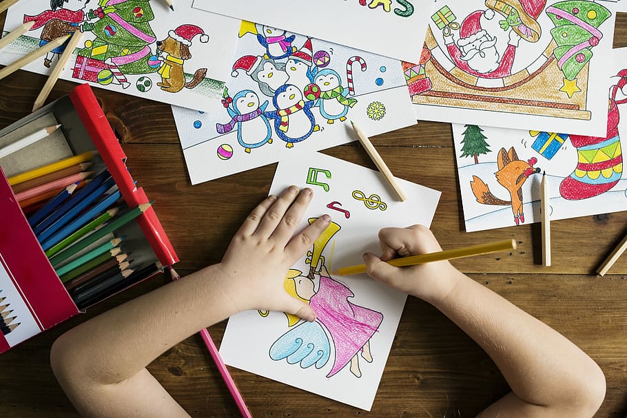 toddler drawing angel playing trumpet, child, hands, arms, coloring HD wallpaper