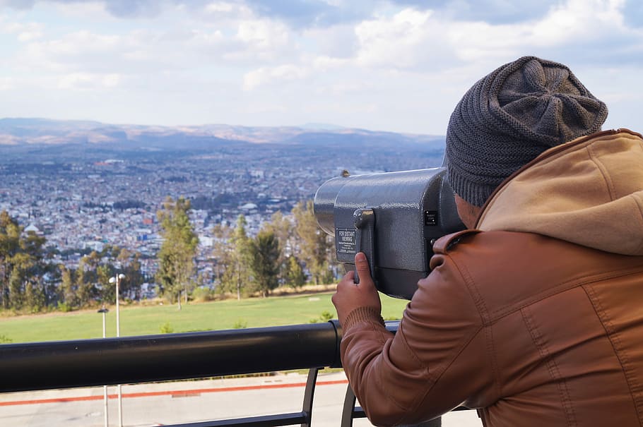 Man, Observing, Binoculars, Horizon, view, young, landscape HD wallpaper