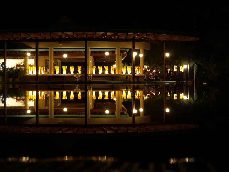 mirroring, pool, bar, light, lights, water, abendstimmung, illuminated HD wallpaper