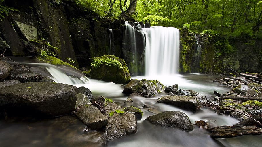 waterfalls in the middle of forest during daytime, valley, nature HD wallpaper