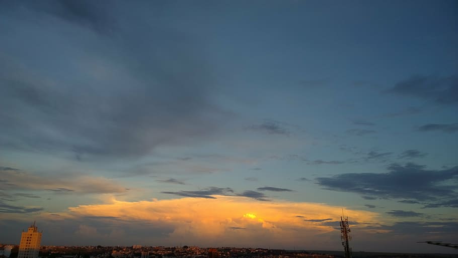 day, clouds, sol, horizon, nature, storm, reflection, sunset HD wallpaper