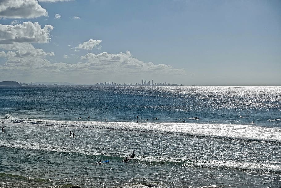 surf, sunlight, city, coast, horizon, seascape, silver, surfers HD wallpaper