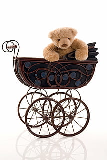 brown bear plush toy on stroller, old, beige, children, studio HD wallpaper