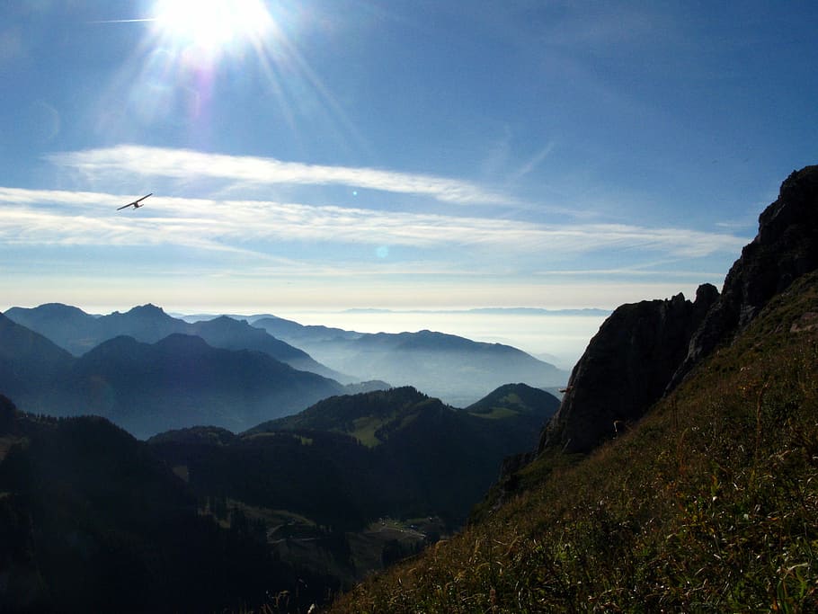 Mountain, Airplane, Sun, Fly, sky, blue, high, light, adventure HD wallpaper