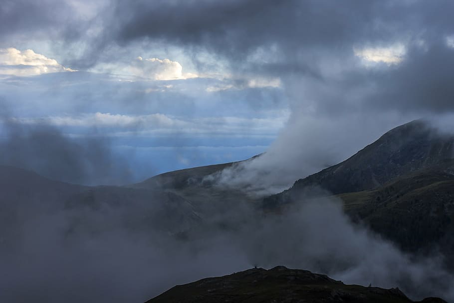clouds, sky, mountains, cloudy skies, blue, mist, spectacular HD wallpaper