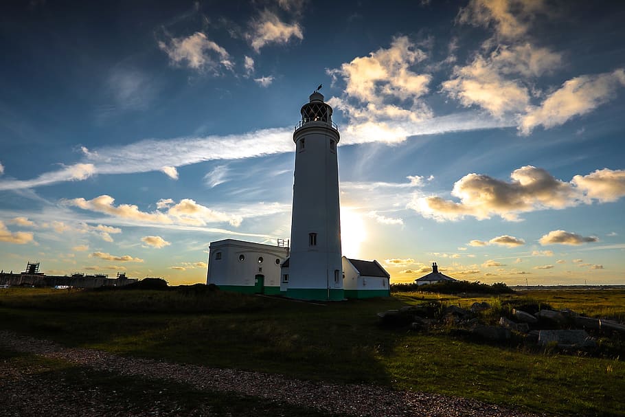 white lighthouse under blue, sunset, coast, sky, england, architecture HD wallpaper