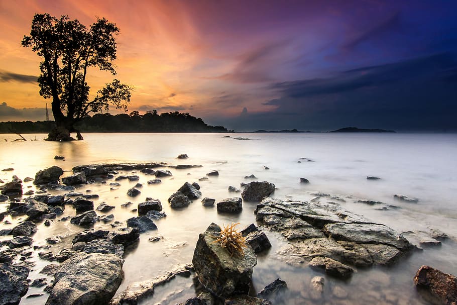 body of water at daytime, landscape, sunset, stone, nature HD wallpaper