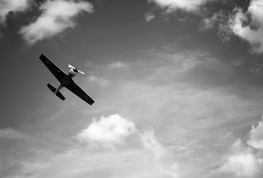 grayscale photography of biplane soaring, airplane, flying HD wallpaper
