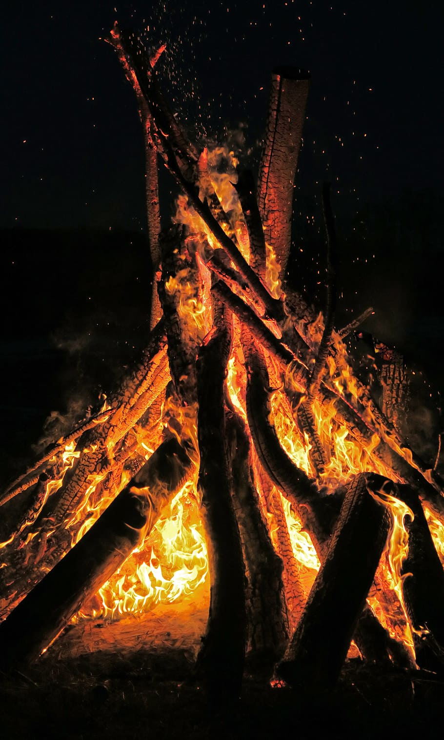 bonfire, flame, night, intense, blaze, orange, sparks, fire - natural phenomenon HD wallpaper
