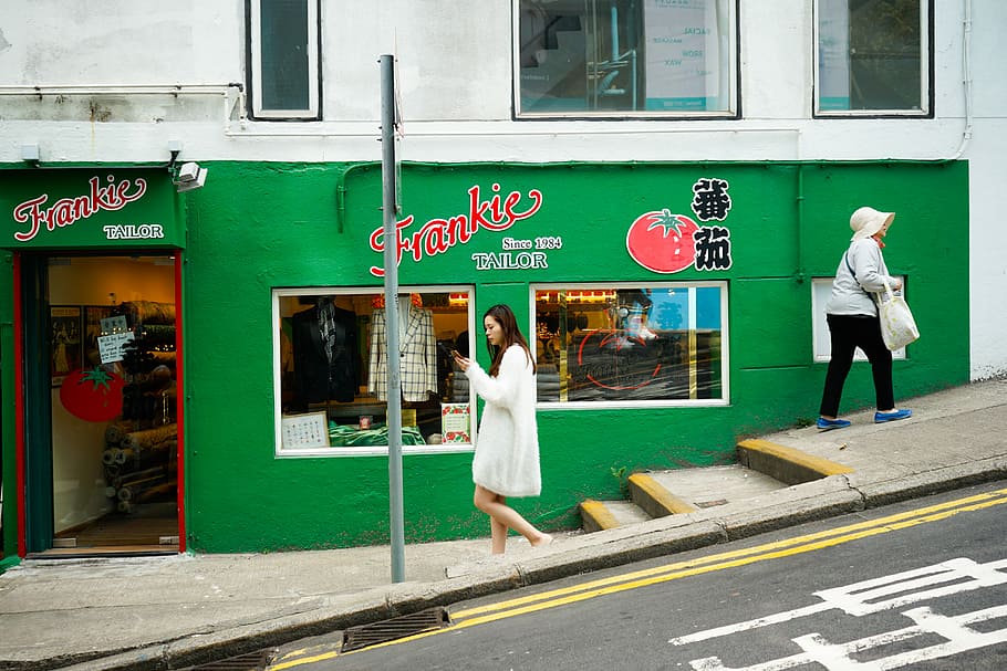 Walking in Sheung Wan, woman walking near stall, hill, steps HD wallpaper