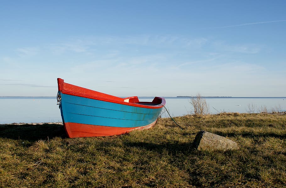 wooden boat on field of grass fronting sea, rowing boat, rowing-boat HD wallpaper