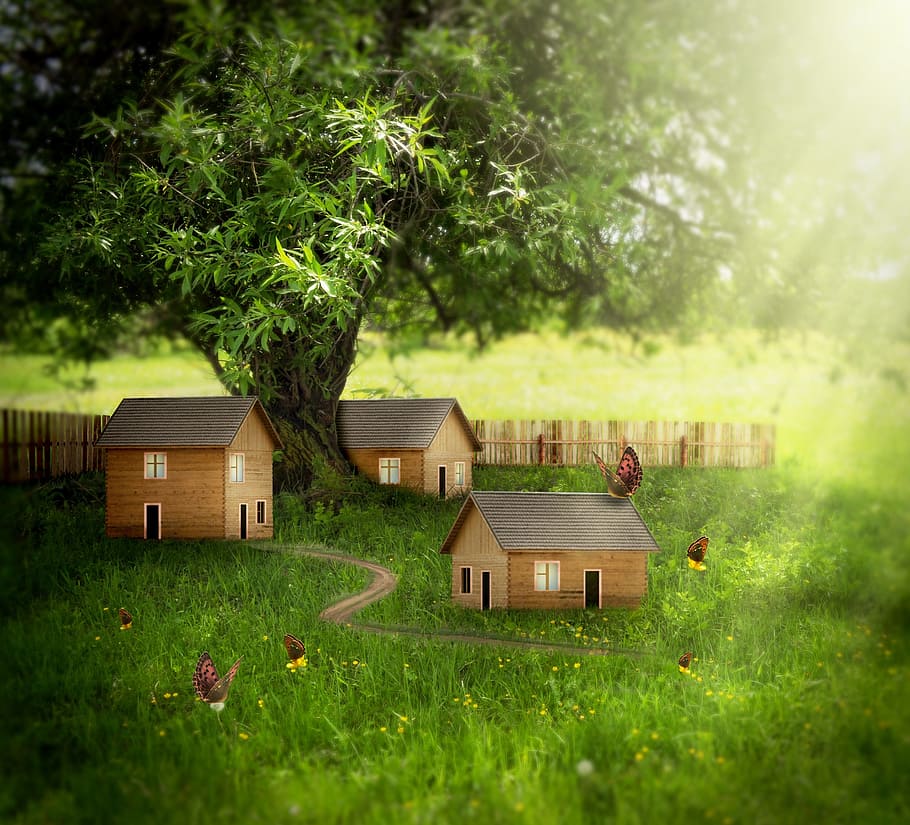 closeup photography of three miniature houses, brown, painted, HD wallpaper