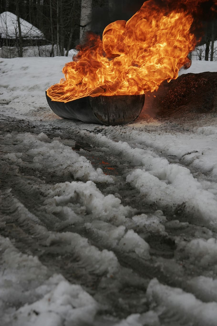 flame, fire, smoke, winter, snow, cold temperature, nature HD wallpaper