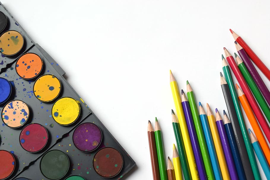 assorted-color pencils and water color, back to school, rainbow, HD wallpaper