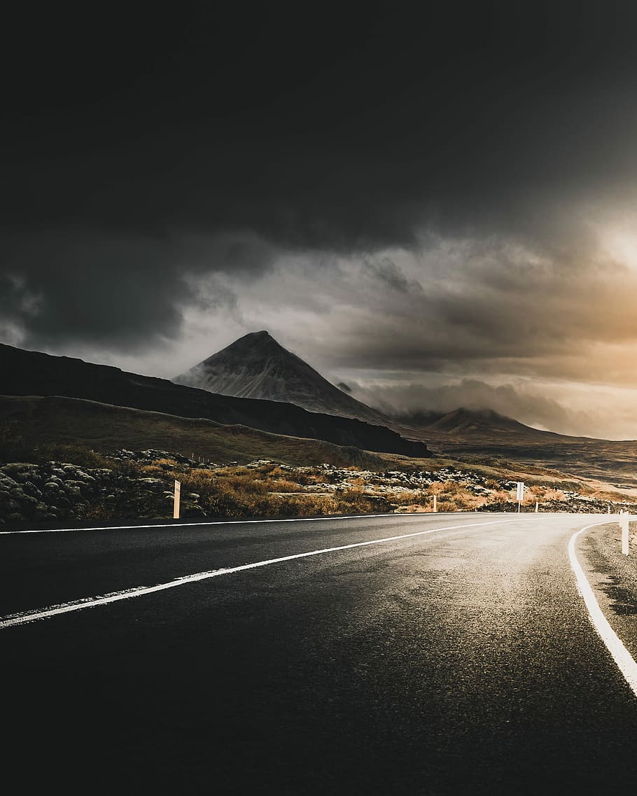 Icelandic mood, road going through trees and mountains, moody, HD wallpaper