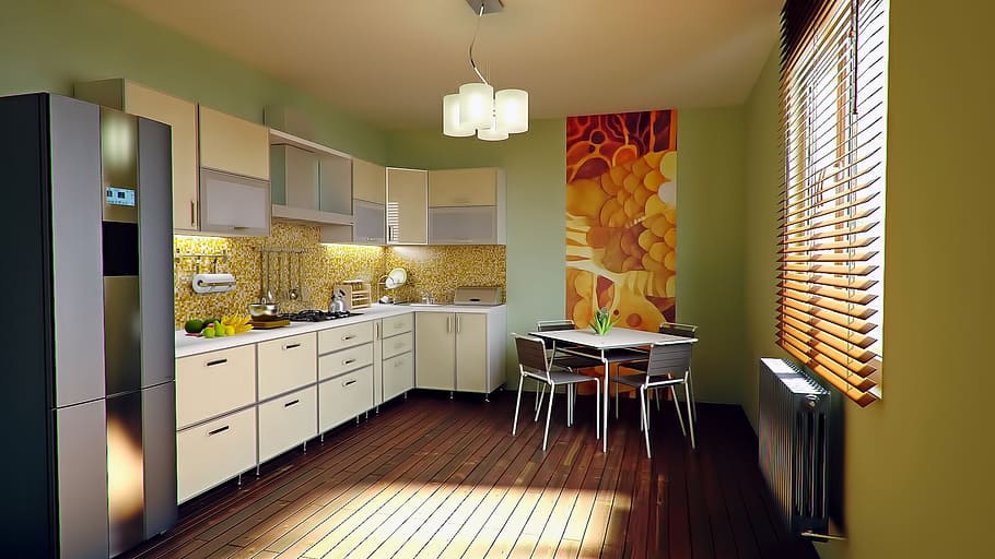 white wooden kitchen cabinets and drawers, apartment, home HD wallpaper