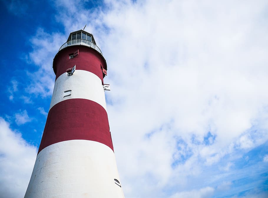 lighthouse, clouds, sky, red, white, architecture, tower, low angle view HD wallpaper