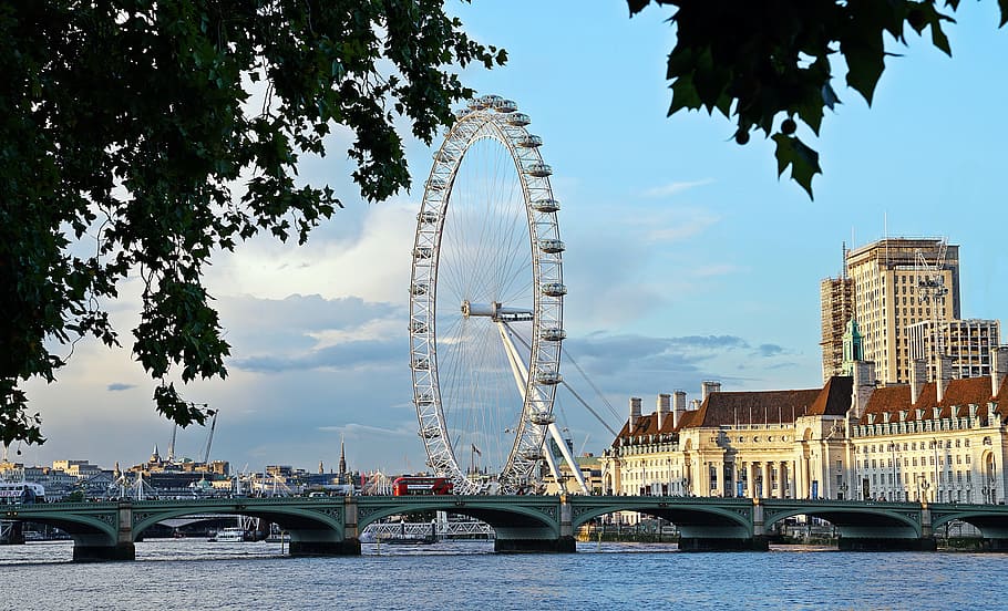 white perris wheel, london, eye, westminister, bridge, landmark, HD wallpaper