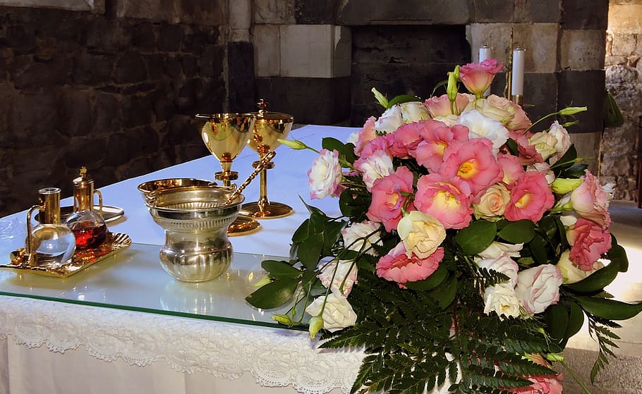 flowers, altar, chalice, church, marriage, flowering plant, HD wallpaper