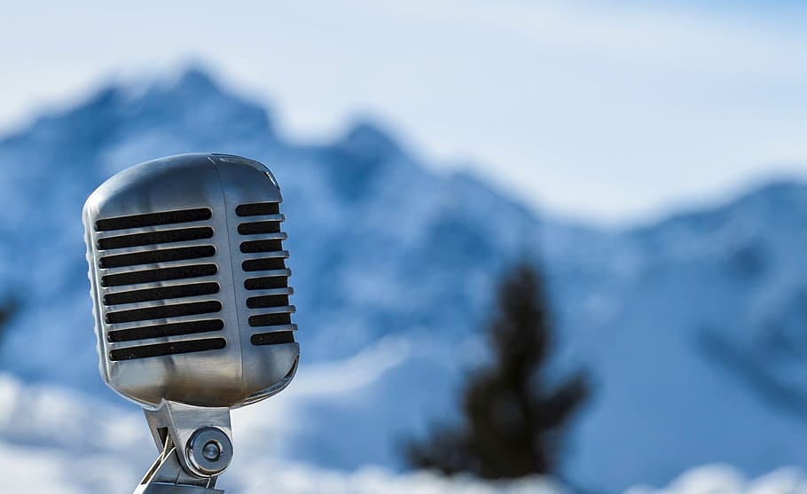 microphone, mountains, snow, input device, music, performance HD wallpaper
