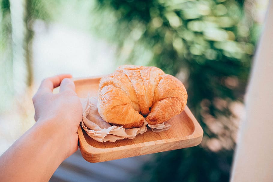 person holding square brown tray with bake bread, pastry, food HD wallpaper