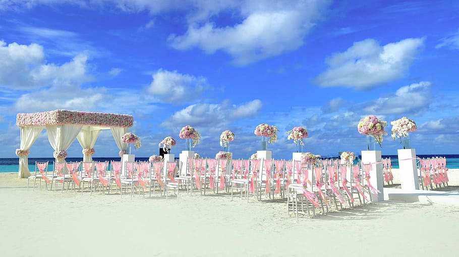 bridal and groom beach set, atoll, decor, decorations, destination HD wallpaper
